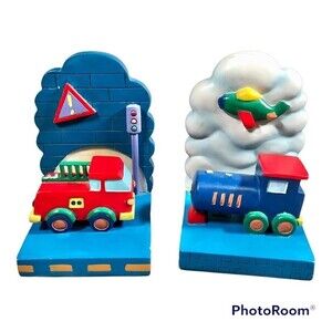 Vintage Children's Colorful Ceramic Bookends Fire Engine Train Airplane